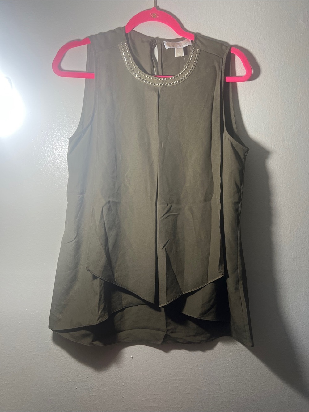 Michael Kors Olive Green Beaded Neck Layered Sleeveless Top
